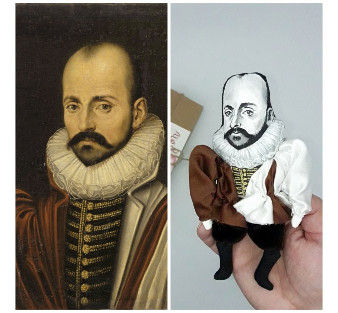 Michel de Montaigne philosopher of the French Renaissance -  a unique collection for smart people  - literary gifts for book lovers - Collectible literary action figure 1:12 hand painted + Miniature Book