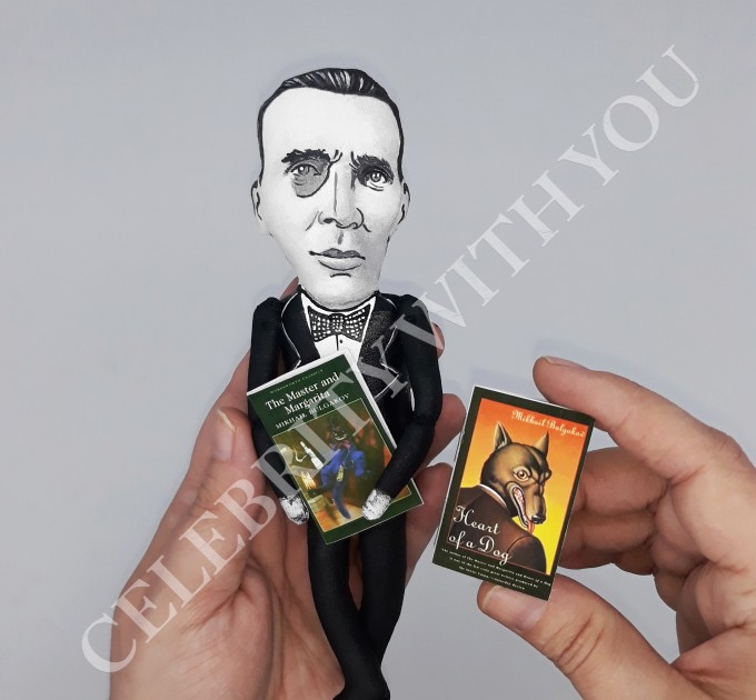 Mikhail Bulgakov Russian writer, author novel The Master and Margarita - Bookshelf decor - Literary Gift for Reader - Collectible doll + miniature book