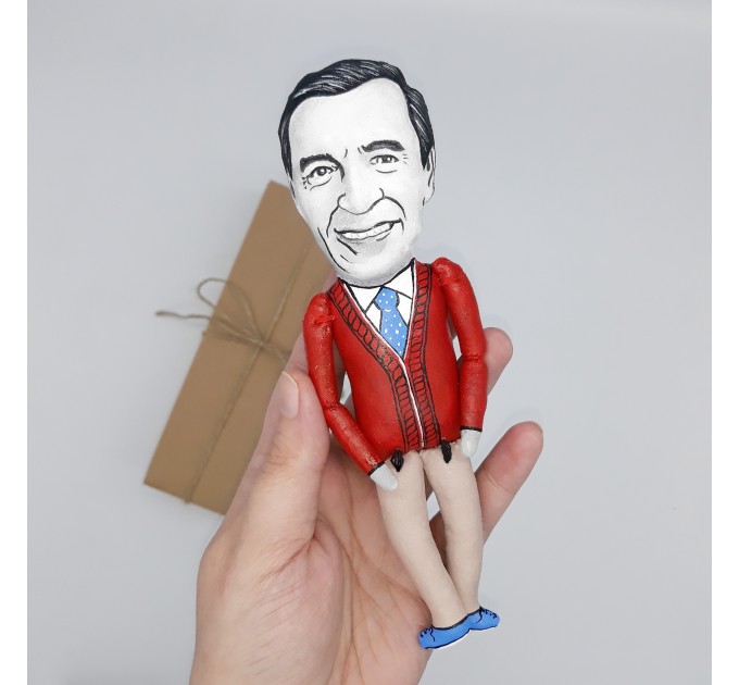  Mr. Rogers Neighborhood figurine, television personality, puppeteer, writer - Handmade Collectible miniature cloth doll hand painted