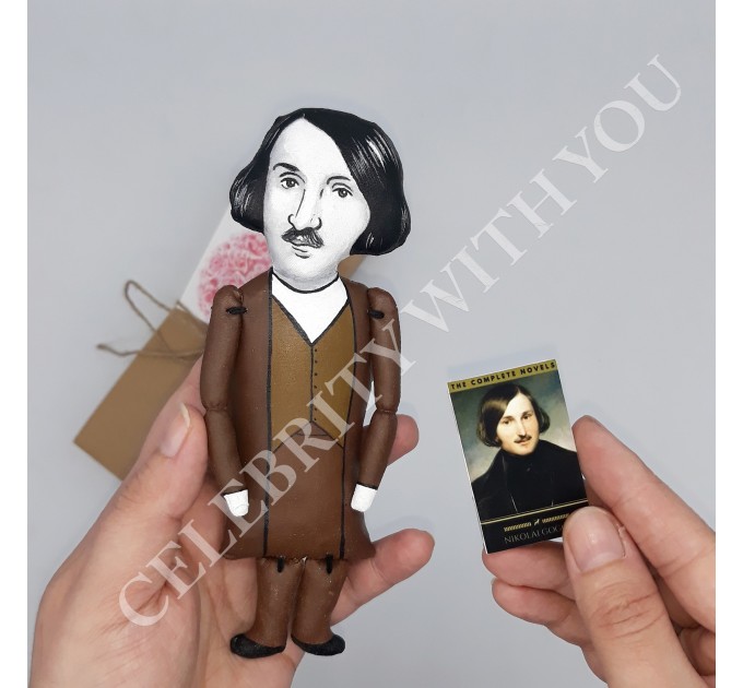 Nikolai Gogol Russian writer - book shelf decoration, library figurine - Literature gift - Collectible doll hand painted + Mini Book