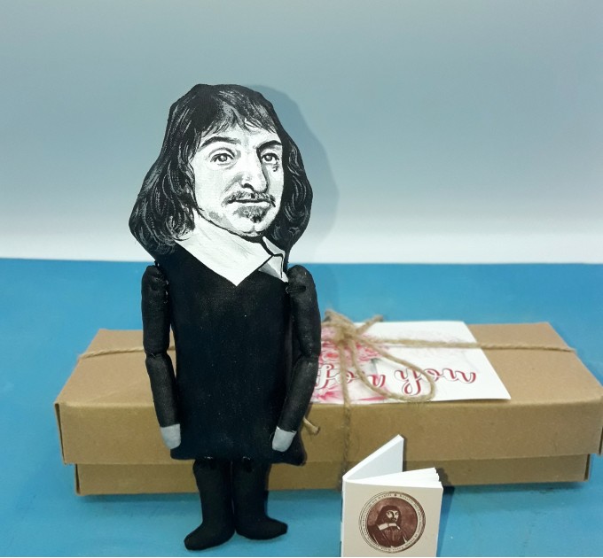 Rene Descartes philosopher, mathematician, scientist - Philosophy Gift, professor gift idea - unique desk decor - Collectible little thinkers doll hand painted + miniature book