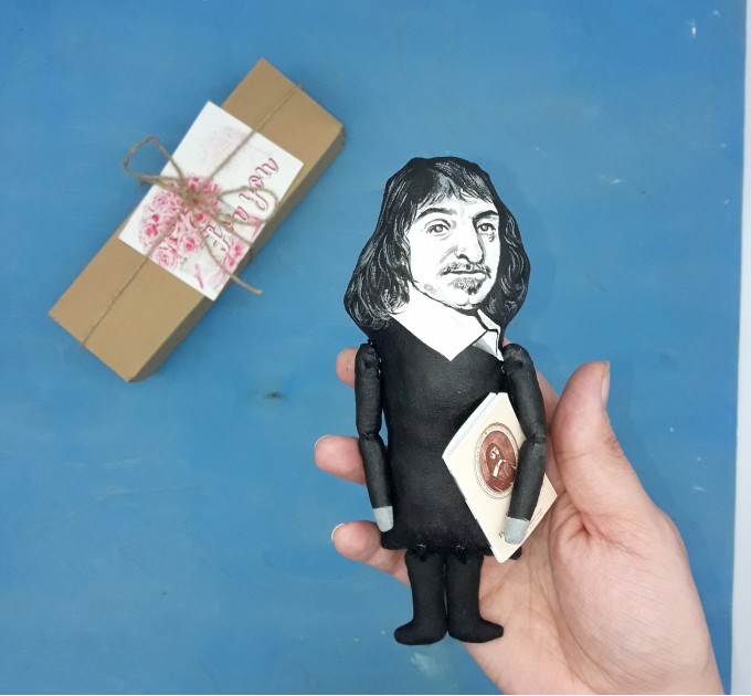 Rene Descartes philosopher, mathematician, scientist - Philosophy Gift, professor gift idea - unique desk decor - Collectible little thinkers doll hand painted + miniature book