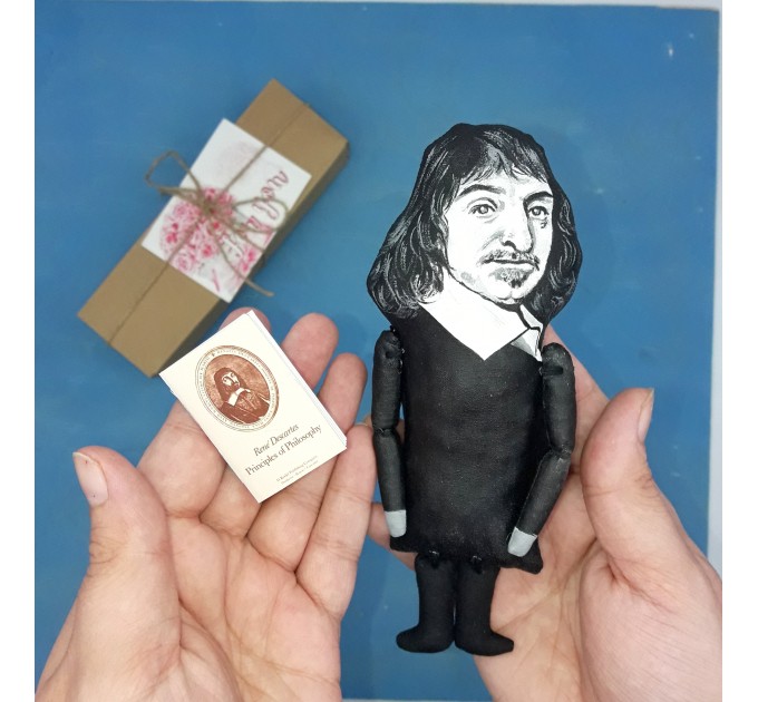 Rene Descartes philosopher, mathematician, scientist - Philosophy Gift, professor gift idea - unique desk decor - Collectible little thinkers doll hand painted + miniature book