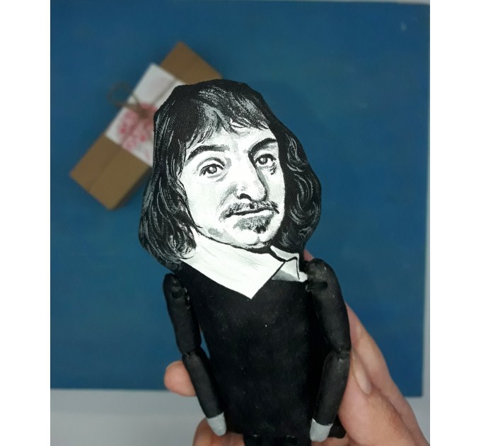 Rene Descartes philosopher, mathematician, scientist - Philosophy Gift, professor gift idea - unique desk decor - Collectible little thinkers doll hand painted + miniature book