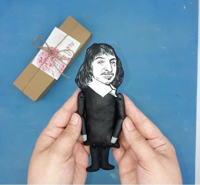 Rene Descartes philosopher, mathematician, scientist - Philosophy Gift, professor gift idea - unique desk decor - Collectible little thinkers doll hand painted + miniature book