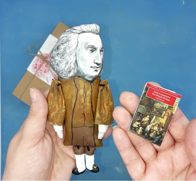 Samuel Johnson literary action figure 1:12, English writer, poet, playwright, essayist, moralist - Literary Gift for Readers, Bibliophile gift -  Collectible handmade finger puppet hand painted+ Miniature Book