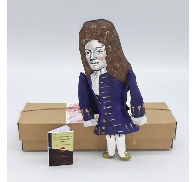 Sir Christopher Wren English scientist, architect, anatomist, astronomer, geometer, and mathematician-physicist - a unique collection for smart people, - Collectible scientist doll hand painted + miniature book