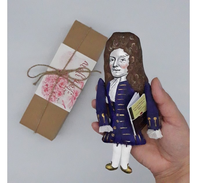 Sir Christopher Wren English scientist, architect, anatomist, astronomer, geometer, and mathematician-physicist - a unique collection for smart people, - Collectible scientist doll hand painted + miniature book