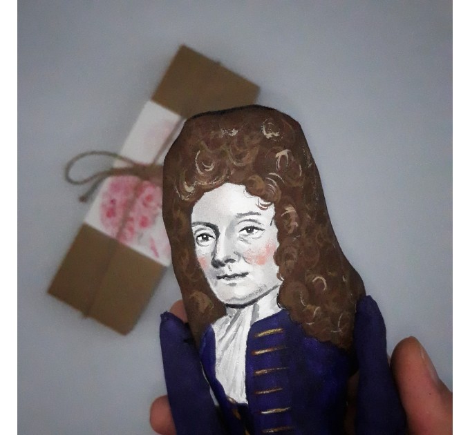 Sir Christopher Wren English scientist, architect, anatomist, astronomer, geometer, and mathematician-physicist - a unique collection for smart people, - Collectible scientist doll hand painted + miniature book