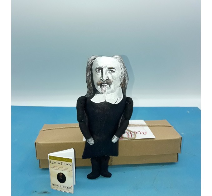 Thomas Hobbes little thinkers doll, English philosopher, political philosophy - book shelf decoration - Gift for philosopher, a unique collection for smart people - Collectible philosopher finger puppet hand painted + miniature book