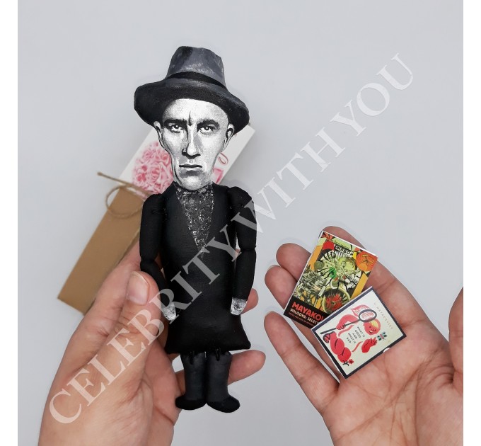 Vladimir Mayakovsky figurine, Russian and Soviet poet - Bookworm gift - book shelf decor - Collectible doll + mini books