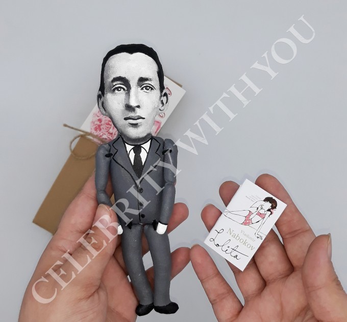 Vladimir Nabokov Russian-American novelist -  Reader gifts -  Collectible doll hand painted + Miniature Book
