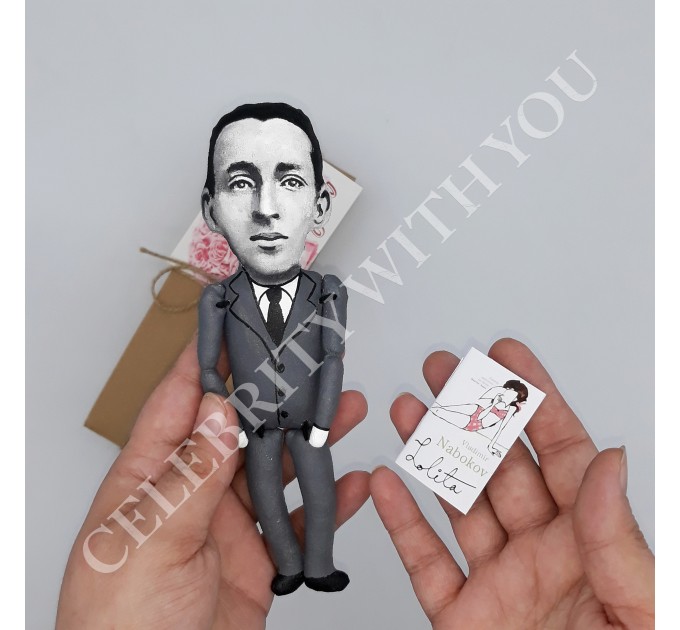 Vladimir Nabokov Russian-American novelist -  Reader gifts -  Collectible doll hand painted + Miniature Book