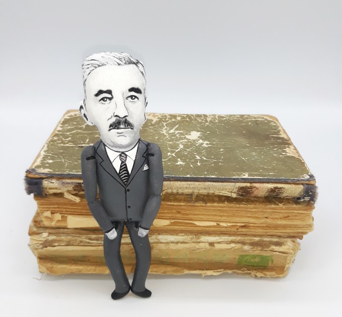 William Faulkner literary figure, writer novelist Nobel Prize, author Absalom Absalom - Literary crafts, Book lover decor - Collectible handmade doll hand painted + Miniature Book