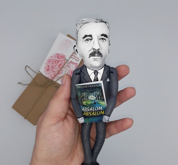 William Faulkner literary figure, writer novelist Nobel Prize, author Absalom Absalom - Literary crafts, Book lover decor - Collectible handmade doll hand painted + Miniature Book