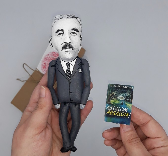 William Faulkner literary figure, writer novelist Nobel Prize, author Absalom Absalom - Literary crafts, Book lover decor - Collectible handmade doll hand painted + Miniature Book